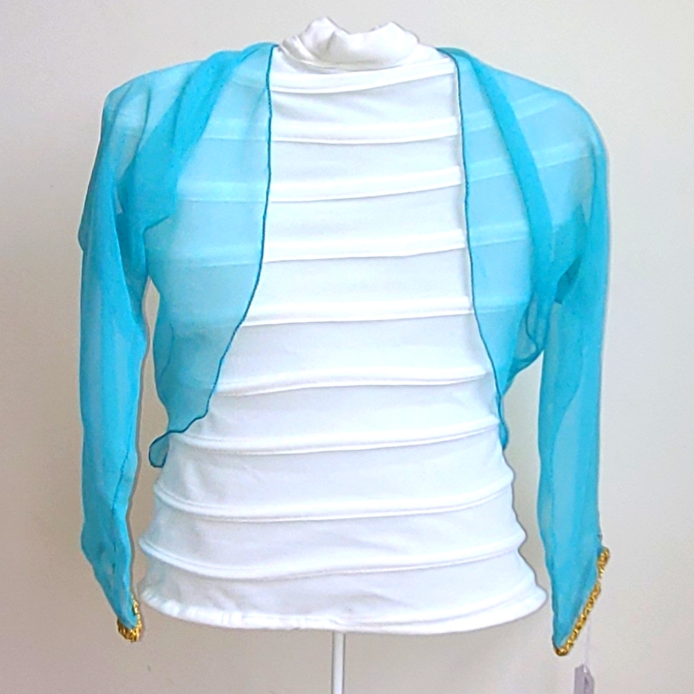 Aqua Sheer Shrug w/ Gold Sequins Trim